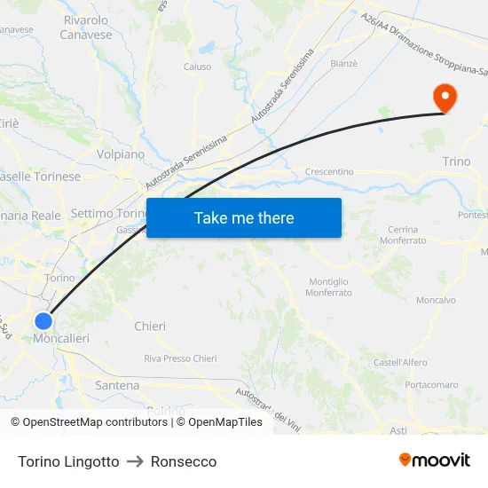 Turin Lingotto to Ronsecco map