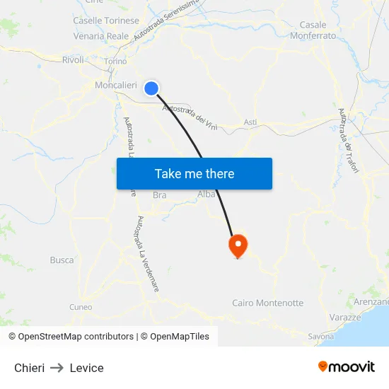 Chieri to Levice map