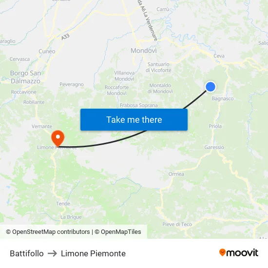 Battifollo to Limone Piemonte map