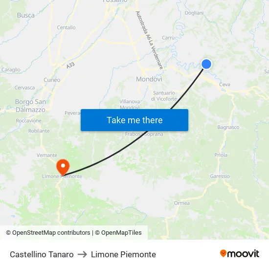Castellino Tanaro to Limone Piemonte map