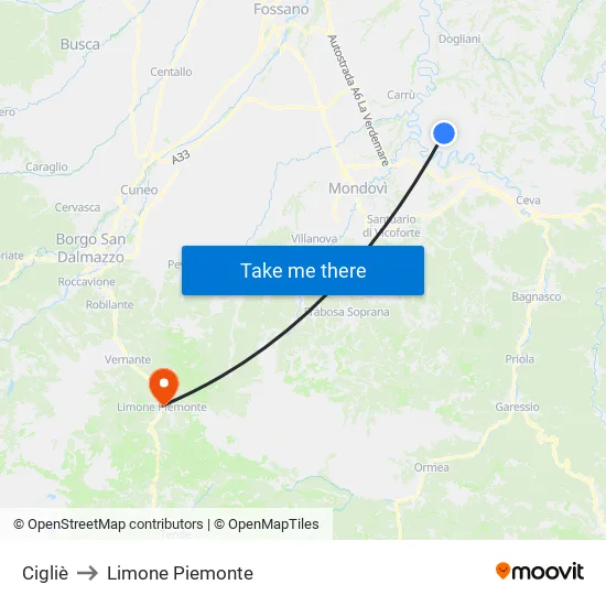 Cigliè to Limone Piemonte map