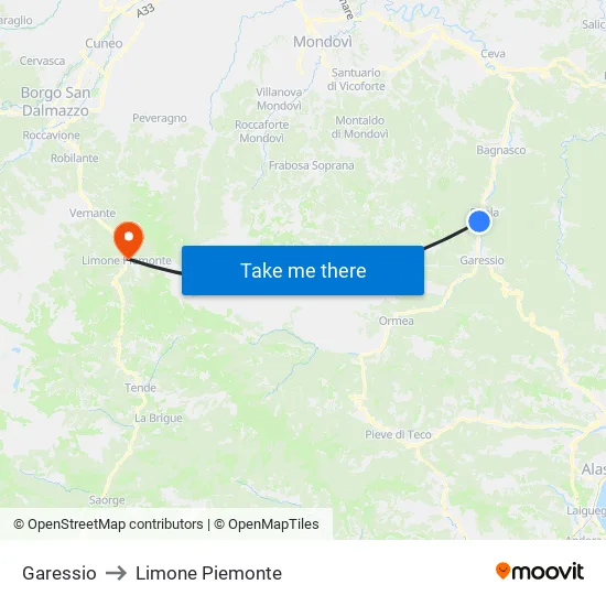 Garessio to Limone Piemonte map