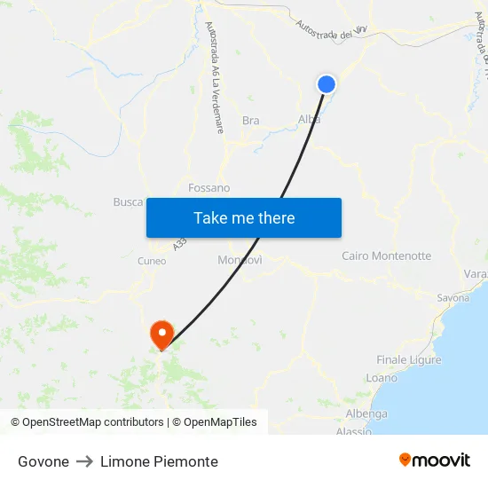 Govone to Limone Piemonte map