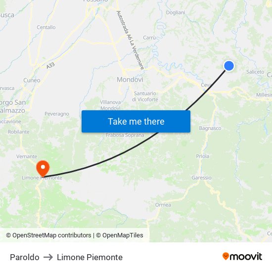 Paroldo to Limone Piemonte map