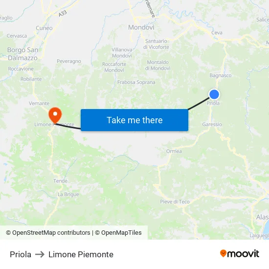 Priola to Limone Piemonte map