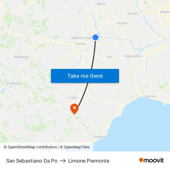 San Sebastiano Da Po to Limone Piemonte map