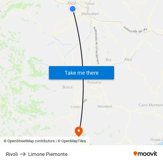Rivoli to Limone Piemonte map