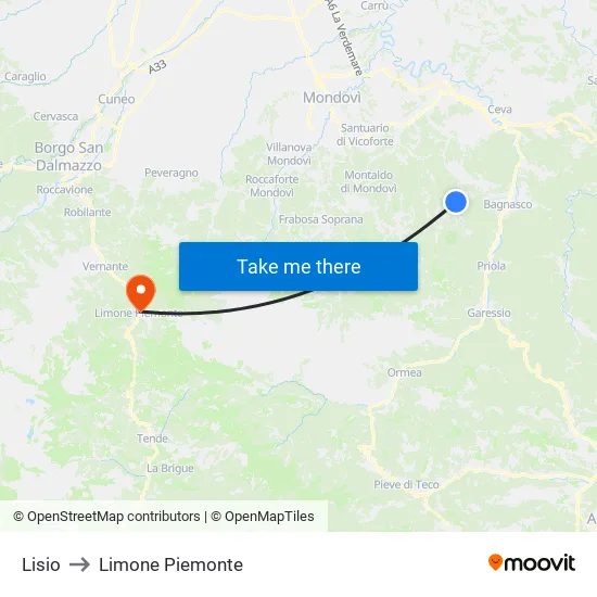 Lisio to Limone Piemonte map