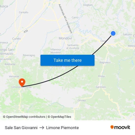 Sale San Giovanni to Limone Piemonte map