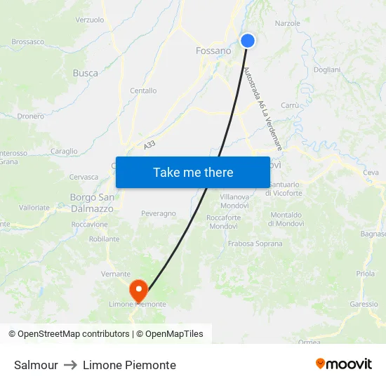 Salmour to Limone Piemonte map