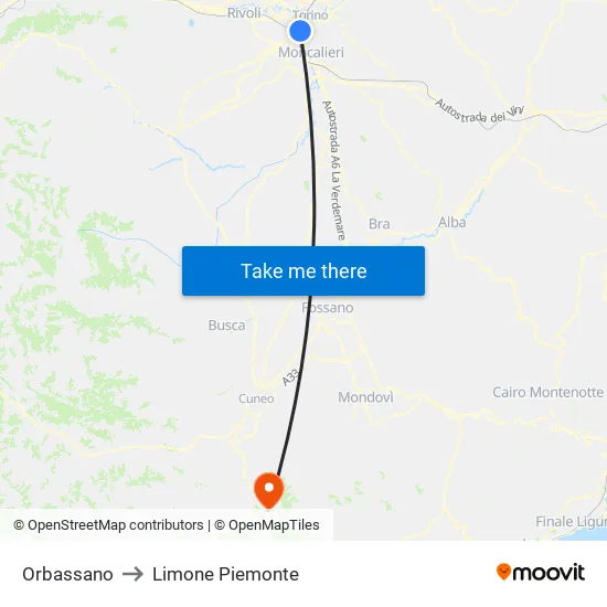 Orbassano to Limone Piemonte map