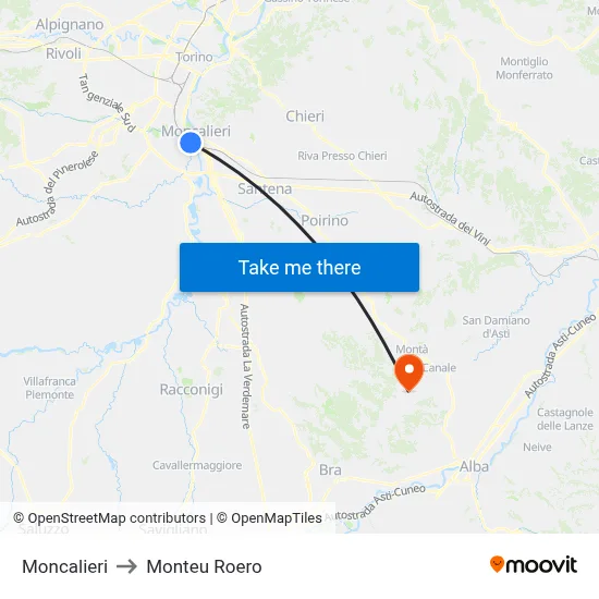 Moncalieri to Monteu Roero map