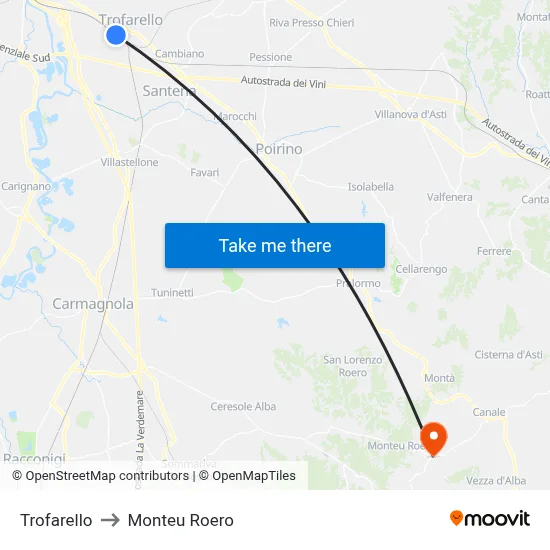 Trofarello to Monteu Roero map