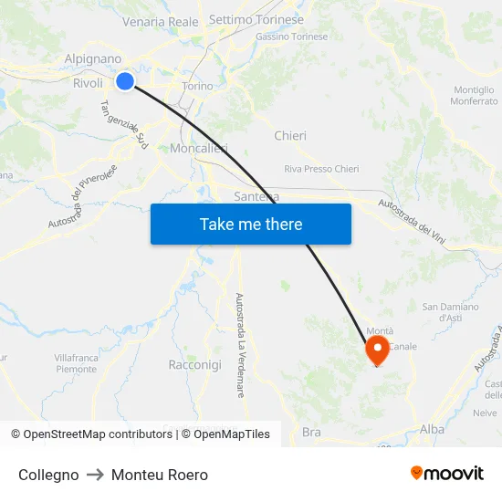 Collegno to Monteu Roero map