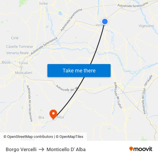 Borgo Vercelli to Monticello D' Alba map