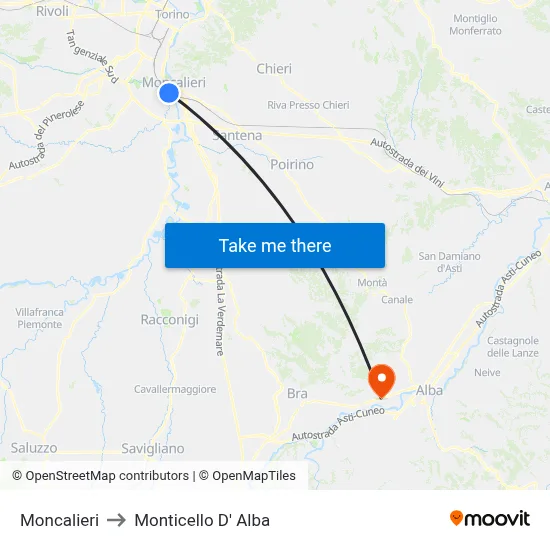 Moncalieri to Monticello D' Alba map