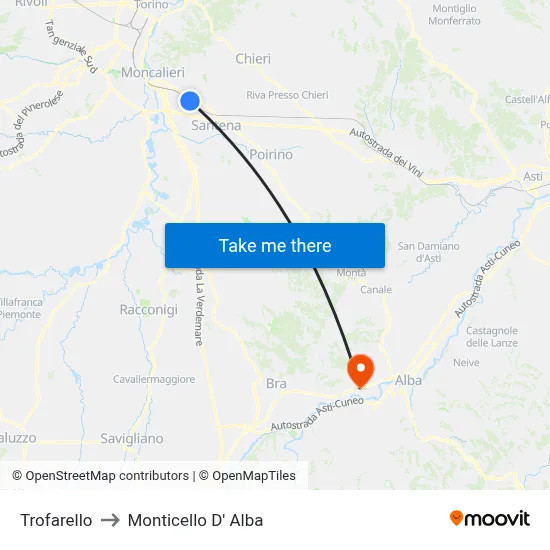 Trofarello to Monticello D' Alba map