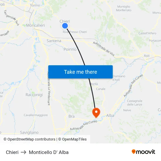 Chieri to Monticello D' Alba map
