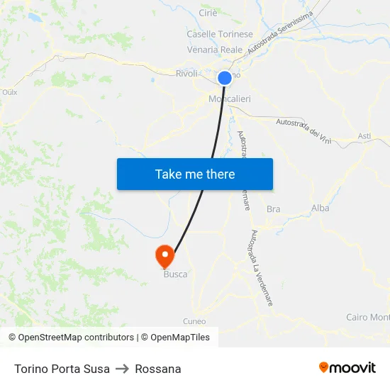 Turin Porta Susa to Rossana map