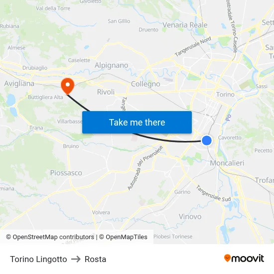 Turin Lingotto to Rosta map