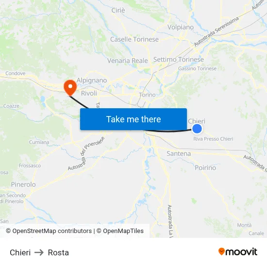 Chieri to Rosta map