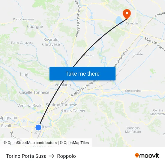 Turin Porta Susa to Roppolo map
