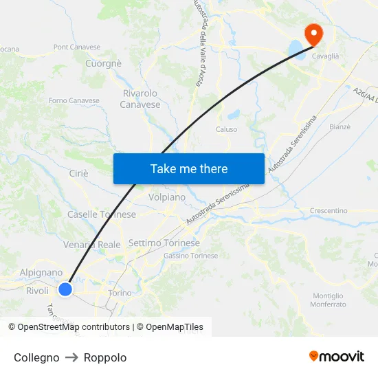 Collegno to Roppolo map