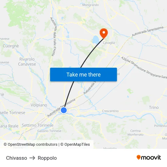 Chivasso to Roppolo map