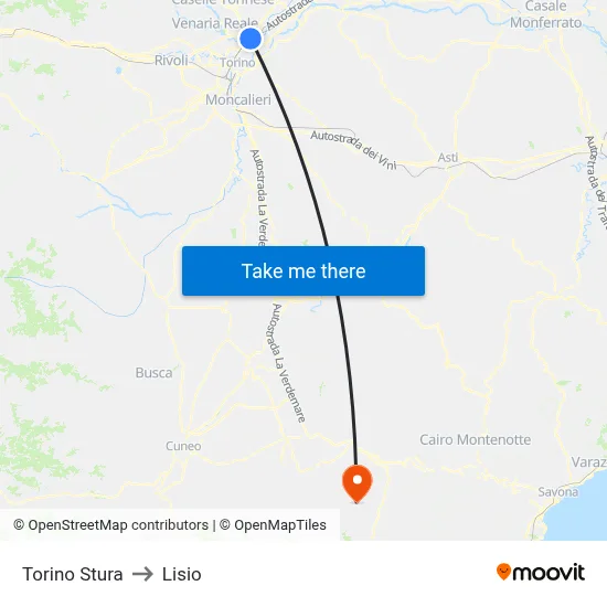 Turin Stura to Lisio map
