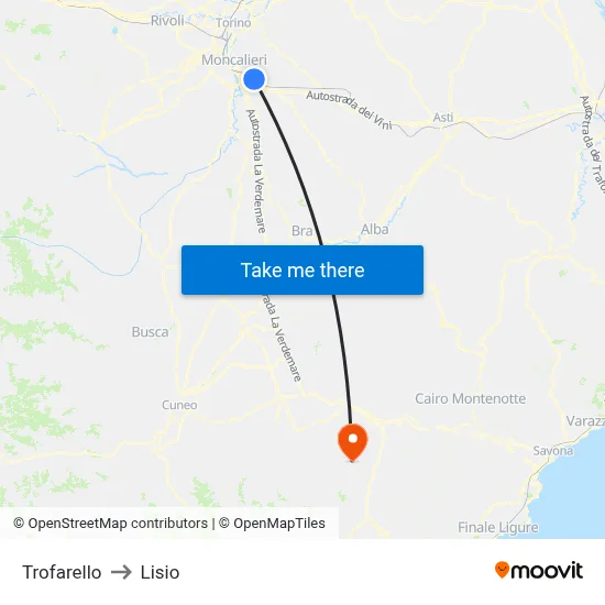 Trofarello to Lisio map