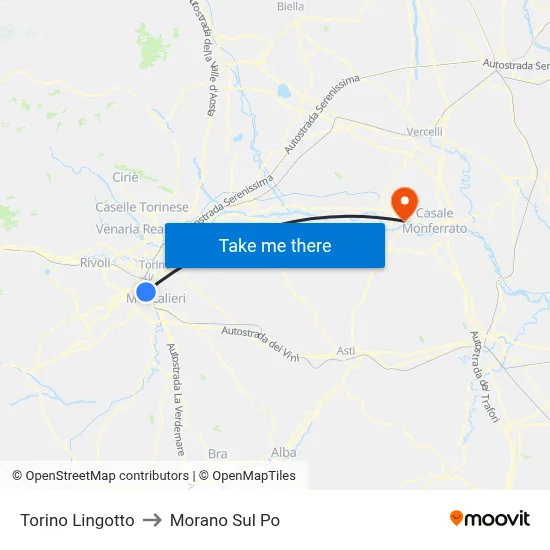 Turin Lingotto to Morano Sul Po map