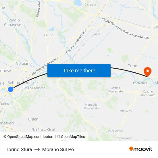 Turin Stura to Morano Sul Po map