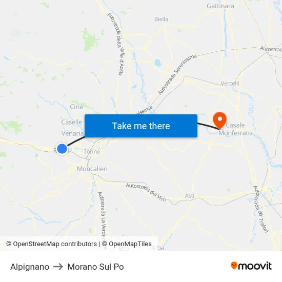 Alpignano to Morano Sul Po map