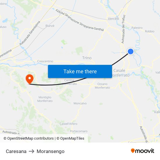 Caresana to Moransengo map