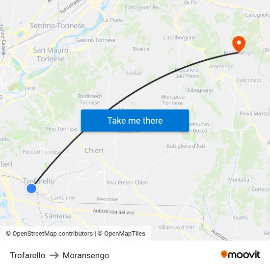 Trofarello to Moransengo map