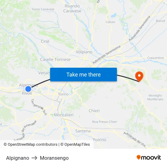Alpignano to Moransengo map