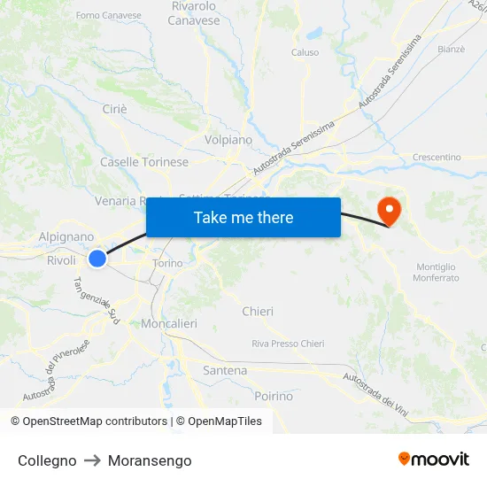 Collegno to Moransengo map