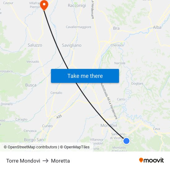 Torre Mondovì to Moretta map