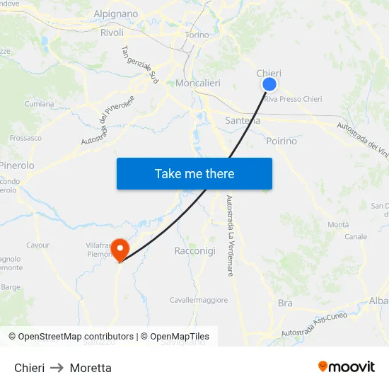 Chieri to Moretta map