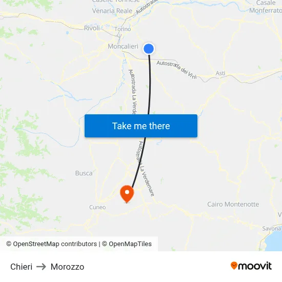 Chieri to Morozzo map