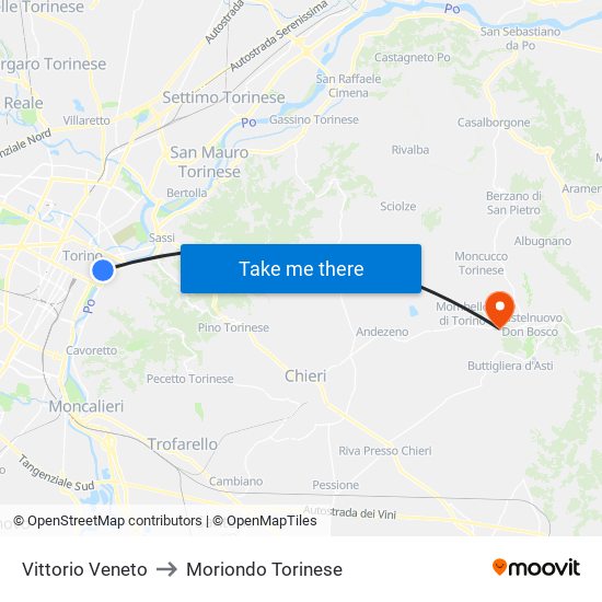 Vittorio Veneto to Moriondo Torinese map