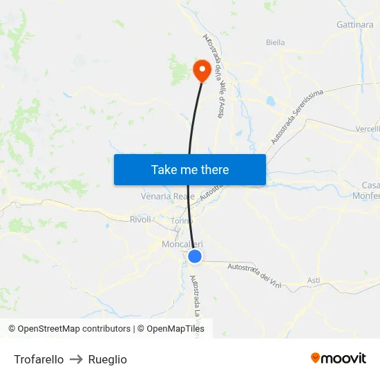 Trofarello to Rueglio map