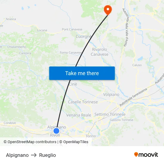 Alpignano to Rueglio map