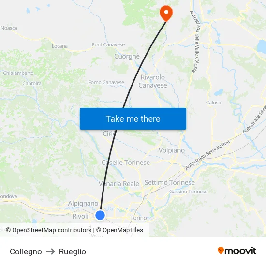 Collegno to Rueglio map