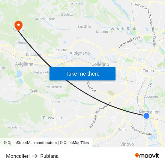Moncalieri to Rubiana map