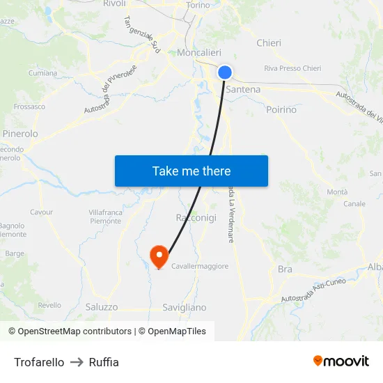 Trofarello to Ruffia map