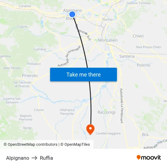 Alpignano to Ruffia map