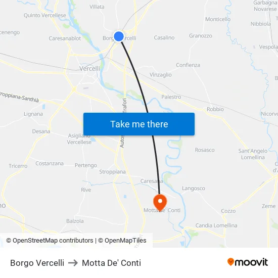 Borgo Vercelli to Motta de' Conti map
