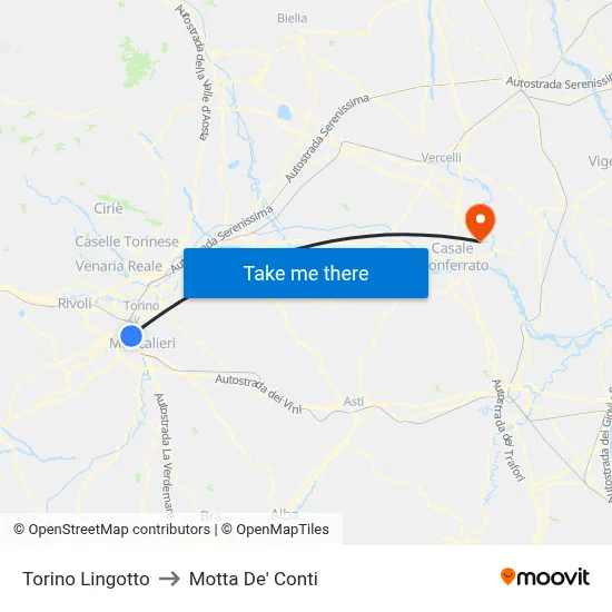 Turin Lingotto to Motta de' Conti map