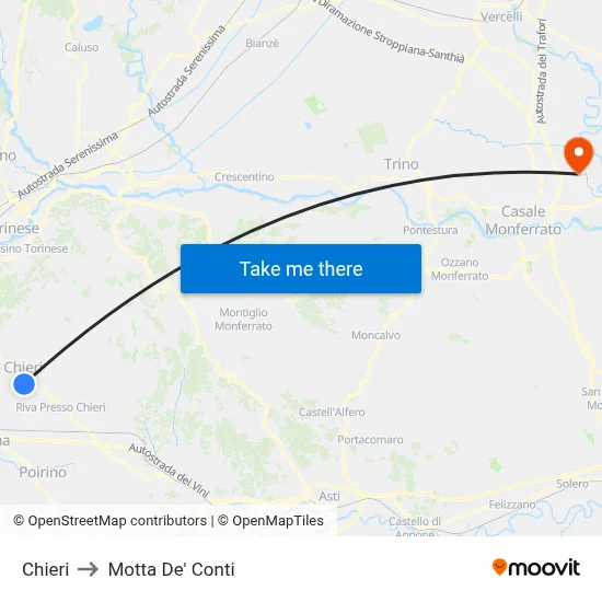 Chieri to Motta de' Conti map